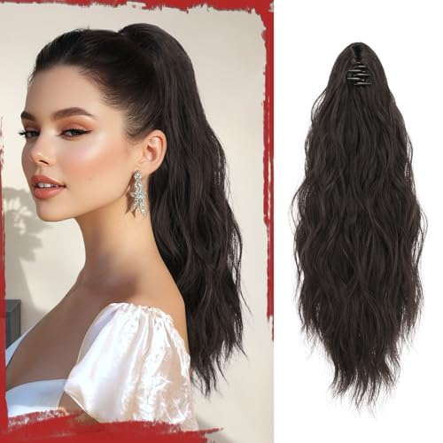 Sofeiyan Pferdeschwanz Haarteil mit Klammer, Lange Wellig Lockig Pferdeschwanz Zopf Extensions Synthetik Claw Clip in Haarteil Ponytail für Damen 41cm, Schwarz Braun von Sofeiyan