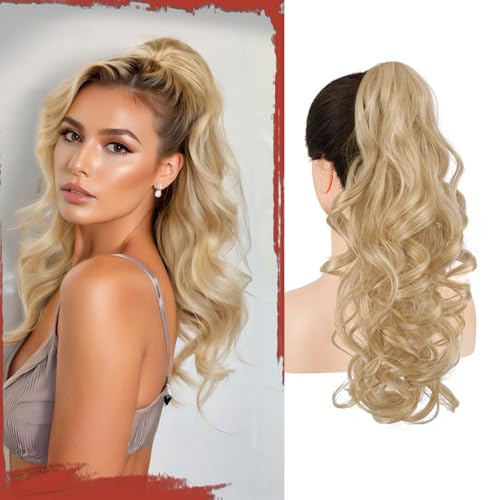 Sofeiyan Pferdeschwanz Haarteil mit Klammer, Lange Wellig Lockig Zopf Extension Claw Clip in Ponytail Extension Synthetik Haarverlängerung für Damen, 43 cm Aschblond von Sofeiyan