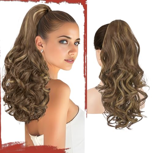 Sofeiyan Pferdeschwanz Haarteil mit Klammer, Lange Wellig Lockig Zopf Extension Claw Clip in Ponytail Extension Synthetik Haarverlängerung für Damen, 43 cm Braun & Blond von Sofeiyan