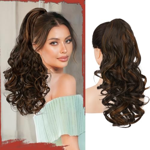 Sofeiyan Pferdeschwanz Haarteil mit Klammer, Lange Wellig Lockig Zopf Extension Claw Clip in Ponytail Extension Synthetik Haarverlängerung für Damen, 43 cm Dunkelbraun und Helles Rotbraun von Sofeiyan
