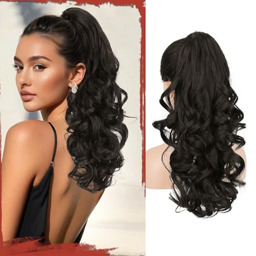 Sofeiyan Pferdeschwanz Haarteil mit Klammer, Lange Wellig Lockig Zopf Extension Claw Clip in Ponytail Extension Synthetik Haarverlängerung für Damen, 43 cm Dunkelbraun von Sofeiyan