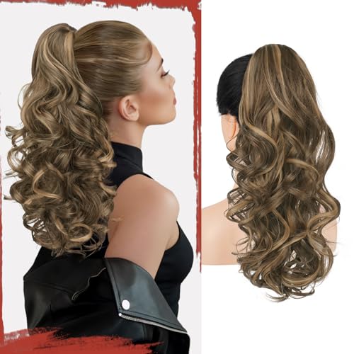Sofeiyan Pferdeschwanz Haarteil mit Klammer, Lange Wellig Lockig Zopf Extension Claw Clip in Ponytail Extension Synthetik Haarverlängerung für Damen, 43 cm Honigblond gemischt Hellbraun von Sofeiyan