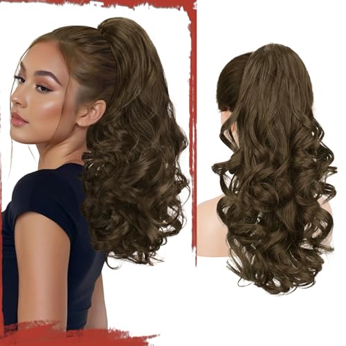 Sofeiyan Pferdeschwanz Haarteil mit Klammer, Lange Wellig Lockig Zopf Extension Claw Clip in Ponytail Extension Synthetik Haarverlängerung für Damen, 43 cm Moosbraun von Sofeiyan