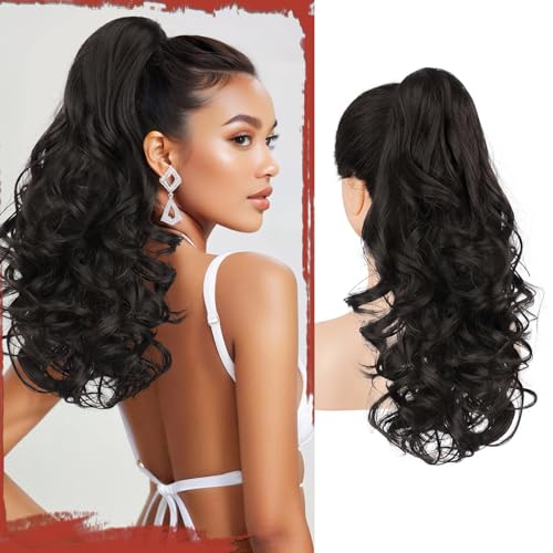 Sofeiyan Pferdeschwanz Haarteil mit Klammer, Lange Wellig Lockig Zopf Extension Claw Clip in Ponytail Extension Synthetik Haarverlängerung für Damen, 43 cm Schwarz Braun von Sofeiyan