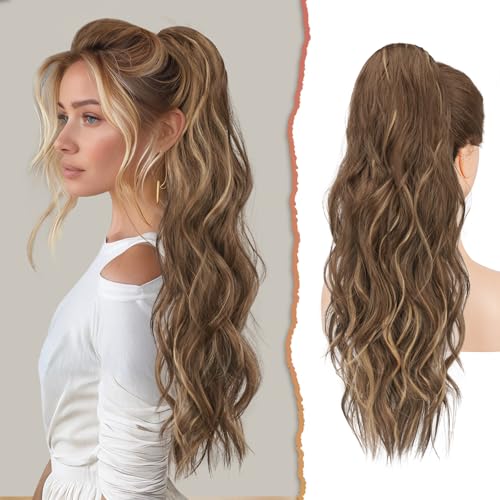 Sofeiyan Pferdeschwanz Haarteil, Lange Pferdeschwanz Haarteil mit Kordelzug Gewellt Zopf Pferdeschwanz Verlängerung Synthetik Haarverlängerung Ponytail für Damen,66 cm Honigblond & Hellbraun von Sofeiyan