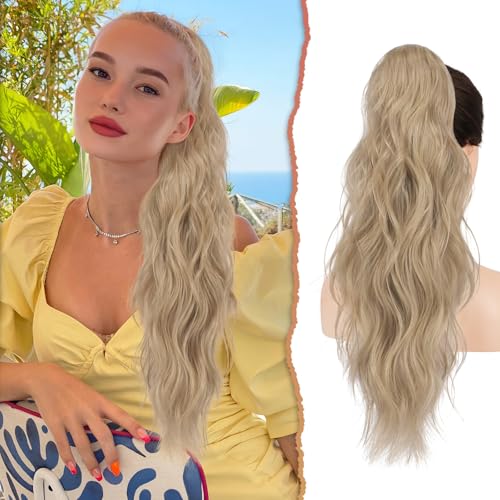 Sofeiyan Pferdeschwanz Haarteil, Lange Pferdeschwanz Haarteil mit Kordelzug Gewellt Zopf Pferdeschwanz Verlängerung Synthetik Haarverlängerung Ponytail für Damen,66 cm Aschblond von Sofeiyan