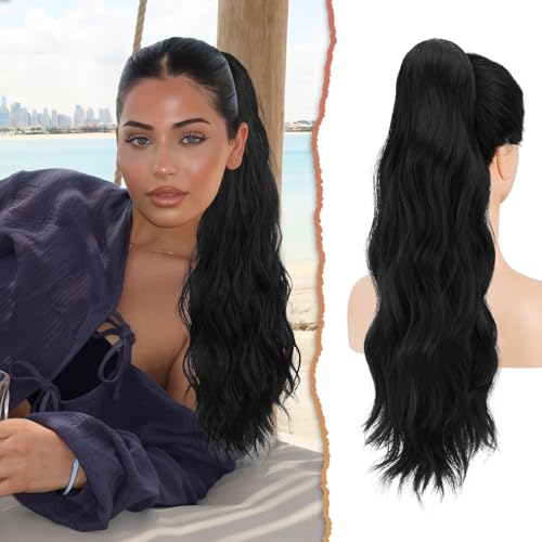 Sofeiyan Pferdeschwanz Haarteil Mit Kordelzug, 56 cm Lang Gewellt Zopf Haarverlängerung Synthetik Natürliches Kordelzug Verlängerung für Frauen, Schwarz von Sofeiyan