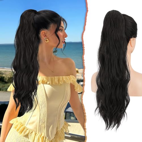 Sofeiyan Pferdeschwanz Haarteil Mit Kordelzug, 56 cm Lang Gewellt Zopf Haarverlängerung Synthetik Natürliches Kordelzug Verlängerung für Frauen, Natürliches Schwarz von Sofeiyan