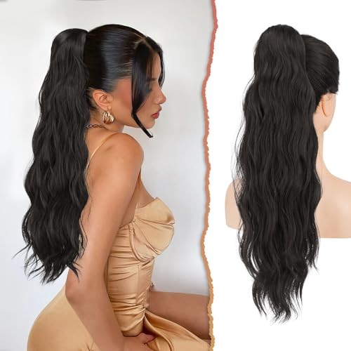 Sofeiyan Pferdeschwanz Haarteil mit Kordelzug, 56 cm Lang Gewellt Zopf Pferdeschwanz Haarverlängerung Synthetik Natürliches Kordelzug Pferdeschwanz Verlängerung für Frauen, Schwarz Braun von Sofeiyan