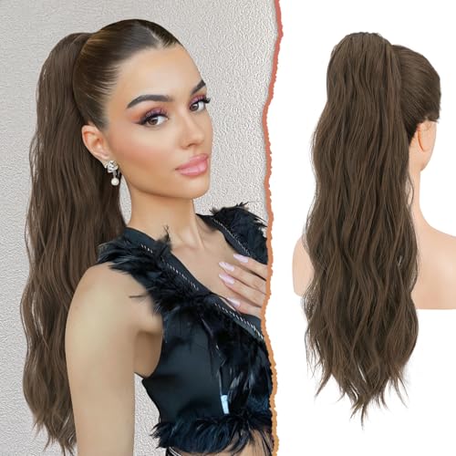Sofeiyan Pferdeschwanz Haarteil mit Kordelzug, 56 cm Lang Gewellt Zopf Pferdeschwanz Haarverlängerung Synthetik Natürliches Kordelzug Pferdeschwanz Verlängerung für Frauen, Mittelbraun Gemischt von Sofeiyan