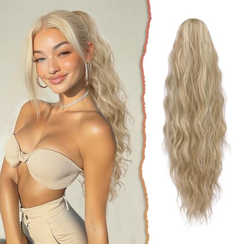 Sofeiyan Ponytail Extension, 66 cm Lang Gewellt Pferdeschwanz Haarteil mit Kordelzug Pferdeschwanz Haarverlängerungen Zopf Synthetik Haar Extensions Zopf für Frauen,Aschblond Gemischtes Bleichblond von Sofeiyan