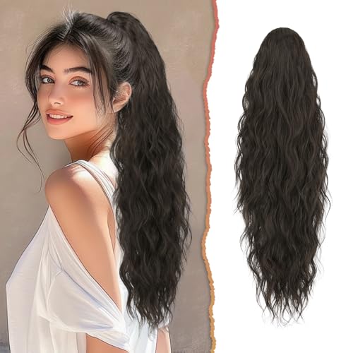 Sofeiyan Ponytail Extension, 66 cm Lang Gewellt Pferdeschwanz Haarteil mit Kordelzug Pferdeschwanz Haarverlängerungen Zopf Synthetik Haar Extensions Zopf für Frauen,Dunkelbraun von Sofeiyan