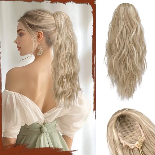 Sofeiyan Pferdeschwanz Haarteil mit Kordelzug Wellig Lockig Ponytail Extension 45 cm Beach Pferdeschwanz Zopf Extension Synthetisches Haarteil für Damen, Helles Aschbraun & Bleichblond von Sofeiyan