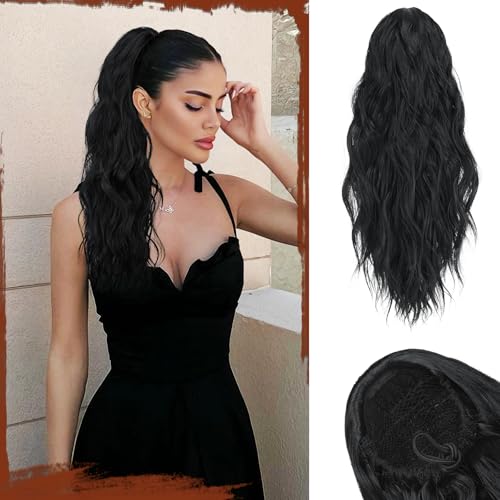 Sofeiyan Pferdeschwanz Haarteil mit Kordelzug Wellig Lockig Ponytail Extension 45 cm Beach Pferdeschwanz Zopf Extension Synthetisches Haarteil für Damen, Schwarz von Sofeiyan