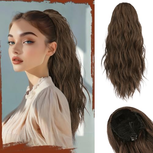 Sofeiyan Pferdeschwanz Haarteil mit Kordelzug Wellig Lockig Ponytail Extension 45 cm Beach Pferdeschwanz Zopf Extension Synthetisches Haarteil für Damen, Braun & Rotbraun von Sofeiyan