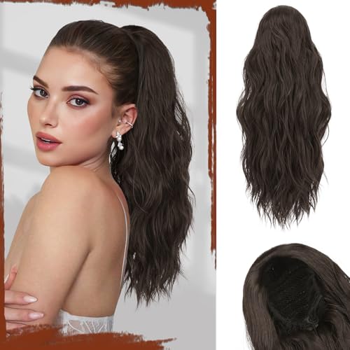 Sofeiyan Pferdeschwanz Haarteil mit Kordelzug Wellig Lockig Ponytail Extension 45 cm Beach Pferdeschwanz Zopf Extension Synthetisches Haarteil für Damen, Dunkelbraun von Sofeiyan