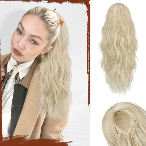 Sofeiyan Pferdeschwanz Haarteil mit Kordelzug Wellig Lockig Ponytail Extension 45 cm Beach Pferdeschwanz Zopf Extension Synthetisches Haarteil für Damen, Hellgoldenes Gemischtes Bleichblond von Sofeiyan