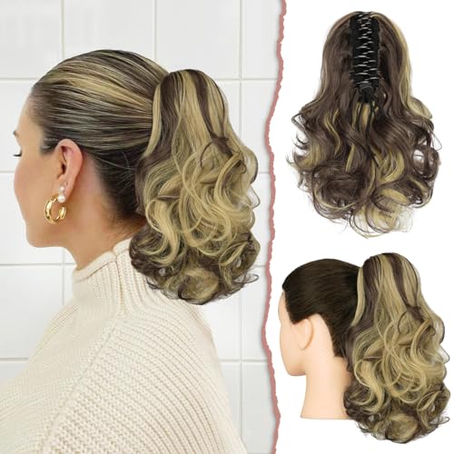 Sofeiyan Pferdeschwanz Verlängerung 28cm Klaue Clip in Pferdeschwanz Haarverlängerungen Kurz Lockig Gewellt Pferdeschwanz Extensions Synthetisches Haarteil für Frauen, Blond & Mittelbraun von Sofeiyan
