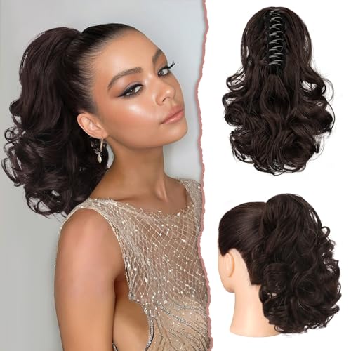 Sofeiyan Pferdeschwanz Verlängerung 28cm Klaue Clip in Pferdeschwanz Haarverlängerungen Kurz Lockig Gewellt Pferdeschwanz Extensions Synthetisches Haarteil für Frauen, Mittel Braun von Sofeiyan