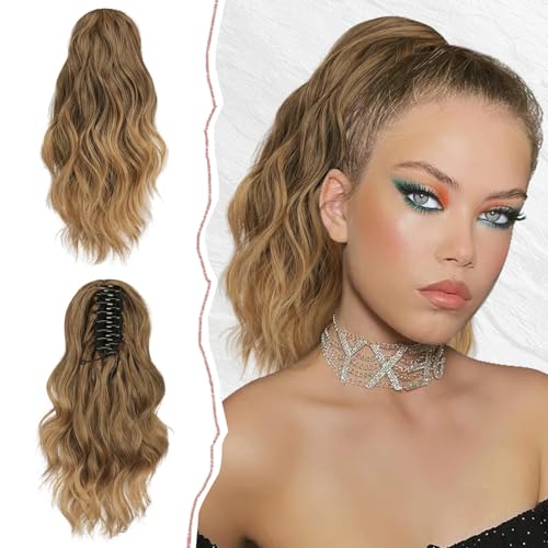 Sofeiyan Pferdeschwanz Verlängerung Clip in Klaue Haarteil Ponytail Haarverlängerung Langer Gewellt lockiger Pferdeschwanz mit Klammer Haarverlängerung Kunsthaare Hitzebeständig für Frauen, Hellbraun von Sofeiyan