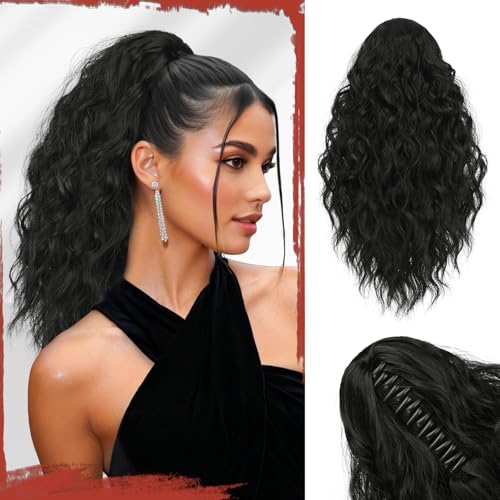 Sofeiyan Pferdeschwanz Haarteil mit Klauenclip, 41 cm Lockig Wellig Zopf Extension Synthetisches Kunsthaar Clip in Haarverlängerung für Damen, Schwarz von Sofeiyan