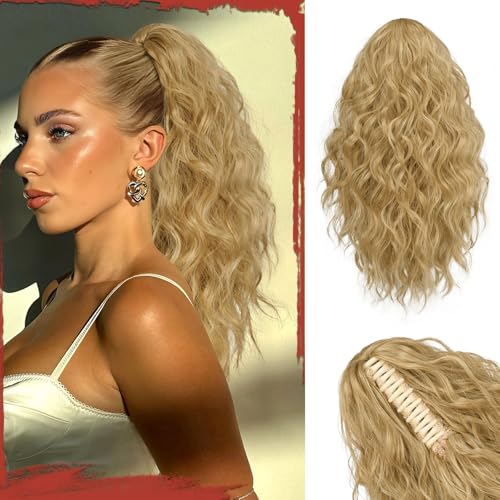 Sofeiyan Pferdeschwanz Haarteil mit Klauenclip, 41 cm Lockig Wellig Zopf Extension Synthetisches Kunsthaar Clip in Haarverlängerung für Damen, Hell Aschblond von Sofeiyan
