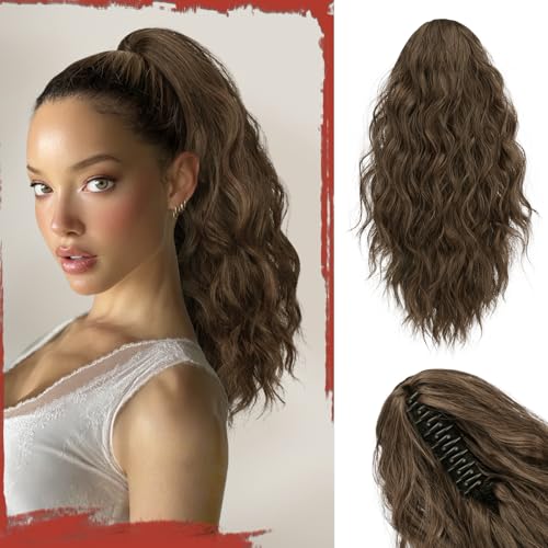 Sofeiyan Pferdeschwanz Haarteil mit Klauenclip, 41 cm Lockig Wellig Zopf Extension Synthetisches Kunsthaar Clip in Haarverlängerung für Damen, Mittelbraun/Hell Kastanienbraun von Sofeiyan
