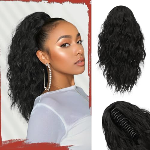 Sofeiyan Pferdeschwanz Haarteil mit Klauenclip, 41 cm Lockig Wellig Zopf Extension Synthetisches Kunsthaar Clip in Haarverlängerung für Damen, Schwarzbraun von Sofeiyan