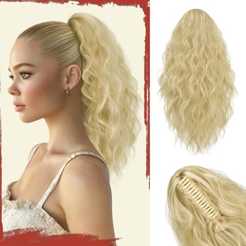 Sofeiyan Pferdeschwanz Haarteil mit Klauenclip, 41 cm Lockig Wellig Zopf Extension Synthetisches Kunsthaar Clip in Haarverlängerung für Damen, Hellbeige Blond von Sofeiyan