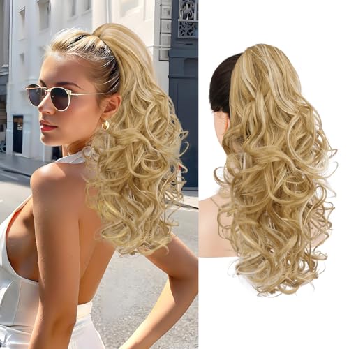 Sofeiyan Pferdeschwanz Haarteil mit Klammer, Lange Wellig Lockig Zopf Extension Claw Clip in Ponytail Extension Synthetik Haarverlängerung für Damen, 43 cm Mittelblond mit Blonden Strähnchen von Sofeiyan