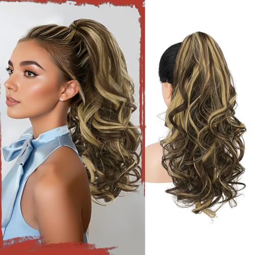 Sofeiyan Pferdeschwanz Haarteil mit Klammer, Lange Wellig Lockig Zopf Extension Claw Clip in Ponytail Extension Synthetik Haarverlängerung für Damen, 43 cm Schokoladenbraun mit Blond Strähnchen von Sofeiyan