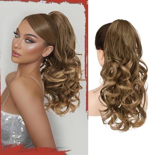 Sofeiyan Pferdeschwanz Haarteil mit Klammer, Lange Wellig Lockig Zopf Extension Claw Clip in Ponytail Extension Synthetik Haarverlängerung für Damen, 43 cm Dunkles Aschblond mit Goldenen Enden von Sofeiyan