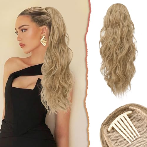 Sofeiyan Ponytail Extension, 60 cm Gewellt Pferdeschwanz Haarteil mit Kordelzug Lang Zopf Pferdeschwanz Synthetisch Comb Clip in Haarteile Pferdeschwanz Haarverlängerung für Frauen, Blond & Aschblond von Sofeiyan