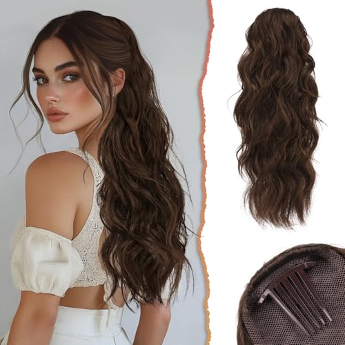 Sofeiyan Ponytail Extension, 60 cm Gewellt Pferdeschwanz Haarteil mit Kordelzug Lang Zopf Pferdeschwanz Synthetisch Comb Clip in Haarteile Pferdeschwanz Haarverlängerung für Frauen, Braun & Hellauburn von Sofeiyan