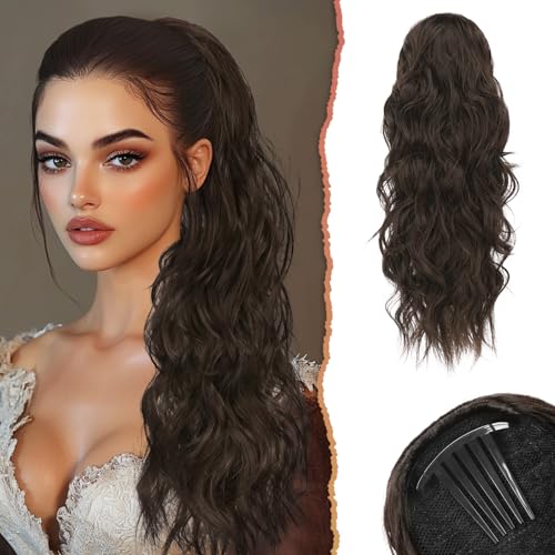 Sofeiyan Ponytail Extension, 60 cm Gewellt Pferdeschwanz Haarteil mit Kordelzug Lang Zopf Pferdeschwanz Synthetisch Comb Clip in Haarteile Pferdeschwanz Haarverlängerung für Frauen, Dunkelbraun von Sofeiyan