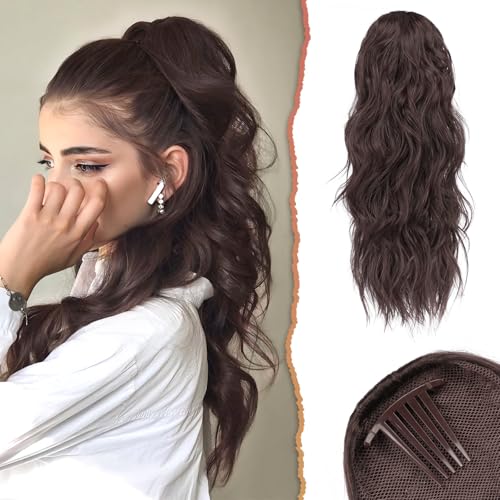 Sofeiyan Ponytail Extension, 60 cm Gewellt Pferdeschwanz Haarteil mit Kordelzug Lang Zopf Pferdeschwanz Synthetisch Comb Clip in Haarteile Pferdeschwanz Haarverlängerung für Frauen, Gemischt Braun von Sofeiyan