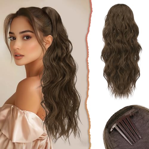 Sofeiyan Ponytail Extension, 60 cm Gewellt Pferdeschwanz Haarteil mit Kordelzug Lang Zopf Pferdeschwanz Synthetisch Comb Clip in Haarteile Pferdeschwanz Haarverlängerung für Frauen, Hellbraun von Sofeiyan