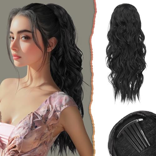 Sofeiyan Ponytail Extension, 60 cm Gewellt Pferdeschwanz Haarteil mit Kordelzug Lang Zopf Pferdeschwanz Synthetisch Comb Clip in Haarteile Pferdeschwanz Haarverlängerung für Frauen, Natürlich Schwarz von Sofeiyan