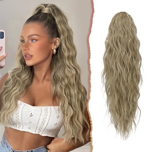 Sofeiyan Ponytail Extension, 66 cm Lang Gewellt Pferdeschwanz Haarteil mit Kordelzug Pferdeschwanz Haarverlängerungen Zopf Synthetik Haar Extensions Zopf für Frauen,Aschbraun Gemischt Bleichblond von Sofeiyan