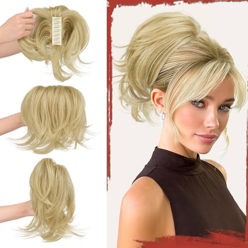 Sofeiyan Zopf Haarteil mit Klammer,Kurze Pferdeschwanz Haarverlängerung mit Flexiblem Draht für DIY-Styling,Glatte Kunsthaar Ponytail Extension Perücke für Frauen,Aschblond mit hellgoldenen Strähnchen von Sofeiyan