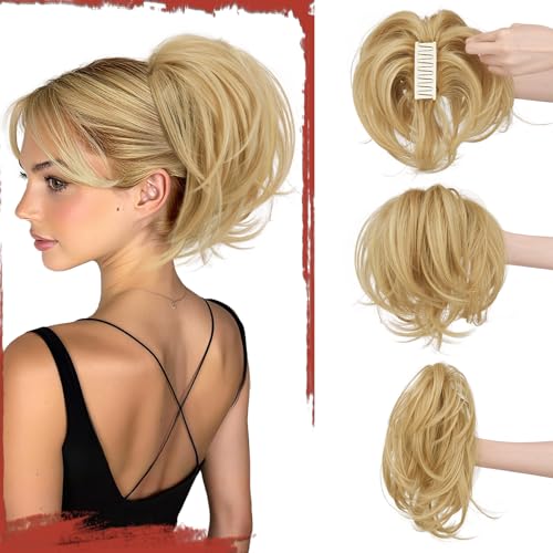 Sofeiyan Zopf Haarteil mit Klammer,Kurze Pferdeschwanz Haarverlängerung mit Flexiblem Draht für DIY-Styling,Glattes Kunsthaar Ponytail Extension Perücke für Frauen,Goldblond mit Strähnchen von Sofeiyan