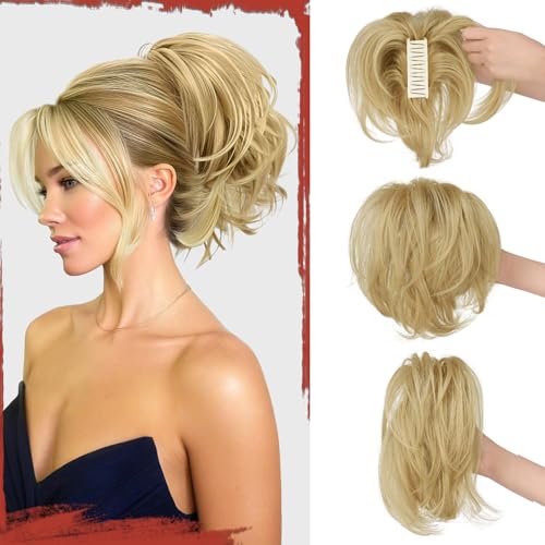 Sofeiyan Zopf Haarteil mit Klammer,Kurze Pferdeschwanz Haarverlängerung mit Integriertem Flexiblem Draht für DIY-Styling,Glattes Kunsthaar Ponytail Extension Perücke für Frauen,Dreckblond von Sofeiyan