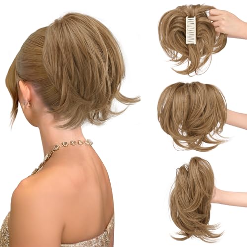 Sofeiyan Zopf Haarteil mit Klammer,Kurze Pferdeschwanz Haarverlängerung mit Integriertem Flexiblem Draht für DIY-Styling,Glattes Kunsthaar Ponytail Extension Perücke für Frauen,Pekannuss von Sofeiyan