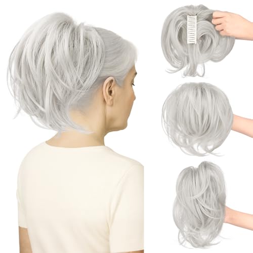 Sofeiyan Zopf Haarteil mit Klammer,Kurze Pferdeschwanz Haarverlängerung mit Integriertem Flexiblem Draht für DIY-Styling,Glattes Kunsthaar Ponytail Extension Perücke für Frauen,Silbergrau von Sofeiyan