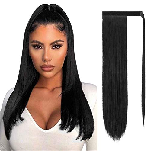 Sofeiyan Lang Pferdeschwanz Haarteil Glatt Haarverlängerung Verlängerung Clip Ponytail Extensions Wrap Around Synthetisch Haarteile Wie Echthaar Natürlich für Frauen-60cm Natürlich Schwarz von Sofeiyan