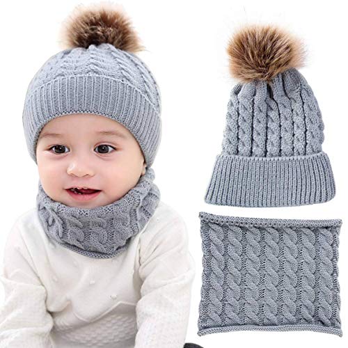 CheChury Warme Winter Mütze Schal Kinder Sets Baby Mädchen Beanie Hut Jungen Strickmütze mit Bommel Babymütze Schlupfmütze für 0-3 Jahre Kinder-A-Grau-One Size von CheChury