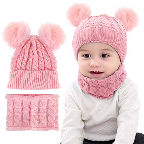 CheChury Warme Winter Mütze Schal Kinder Sets Baby Mädchen Beanie Hut Jungen Strickmütze mit Bommel Babymütze Schlupfmütze für 0-3 Jahre Kinder-B-Rosa-One Size von CheChury