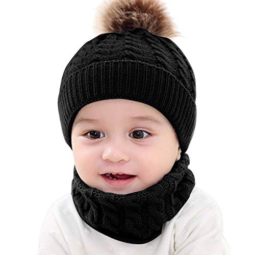 CheChury Warme Winter Mütze Schal Kinder Sets Baby Mädchen Beanie Hut Jungen Strickmütze mit Bommel Babymütze Schlupfmütze für 0-3 Jahre Kinder-A-Schwarz-One Size von CheChury