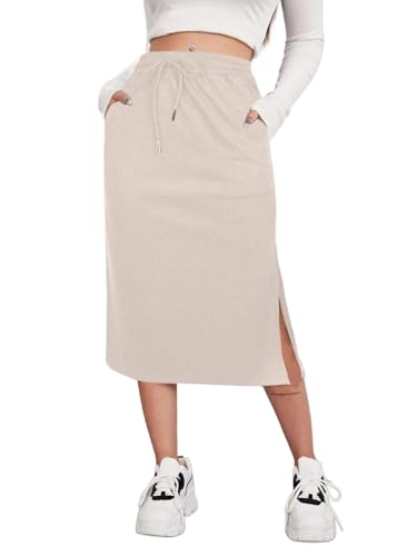 SOFIA'S CHOICE Damen Midirock Kordelzug Hohe Taille Schlitz Röcke mit Taschen, Helles Khaki, 3X-Groß von Sofia's Choice