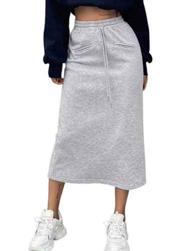 SOFIA'S CHOICE Damen Midirock Kordelzug Hohe Taille Sweatröcke mit Taschen, Graue echte Tasche, Klein von Sofia's Choice